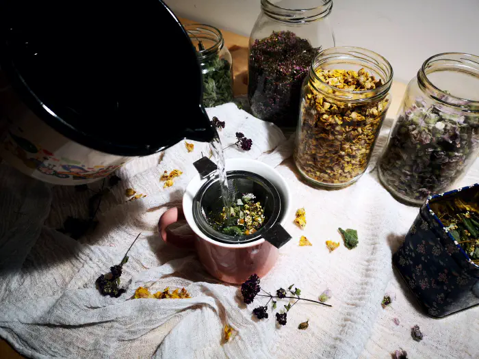 Making an infusion: pouring hot water over herbs.